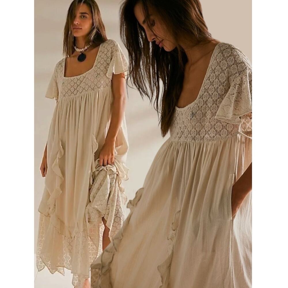 Free People Ethereal Bohemian Bring The Romance Midi Maxi Dress Neutral Large - Picture 2 of 15
